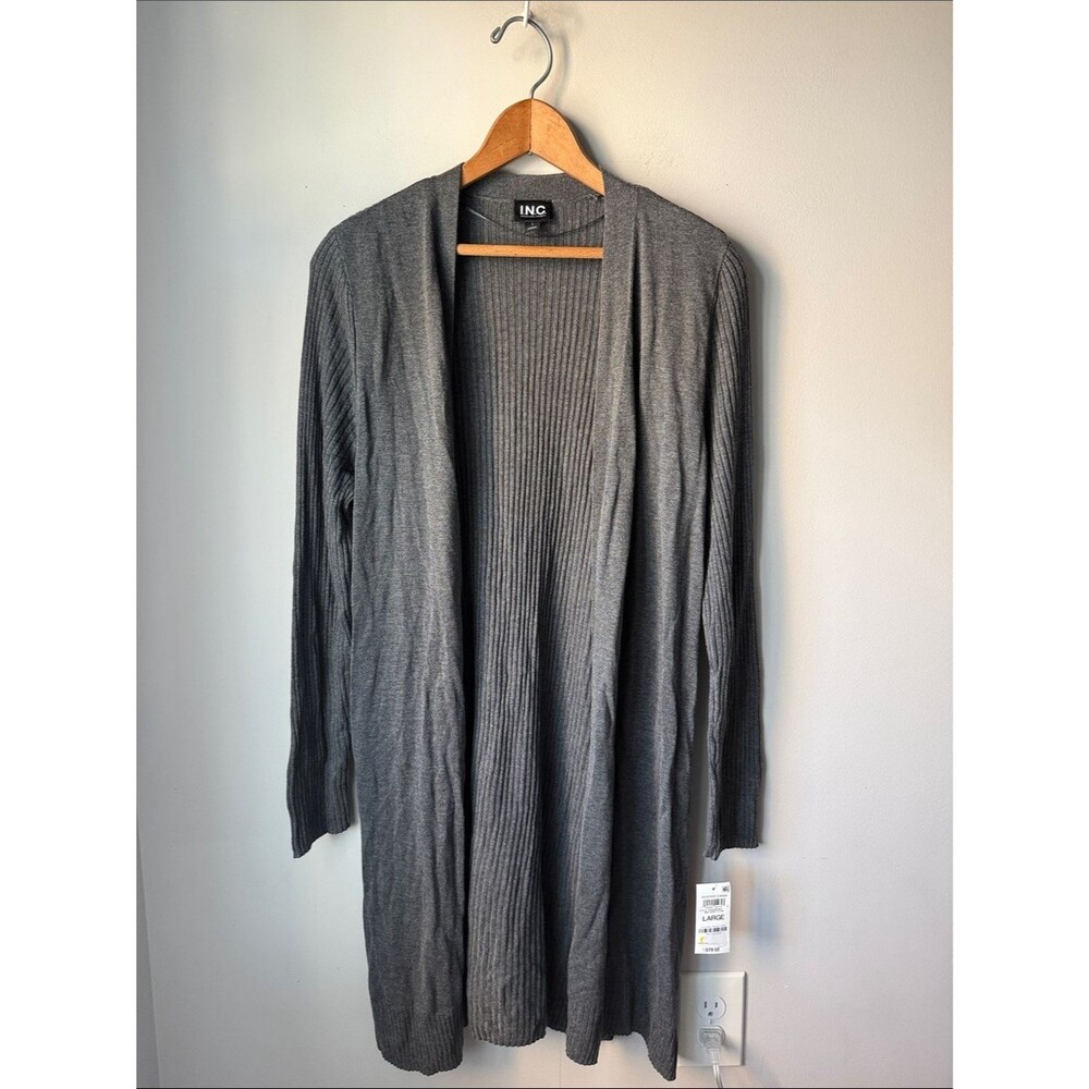 INC International Concepts Ribbed Open Front Duster Cardigan Heather Gray Large